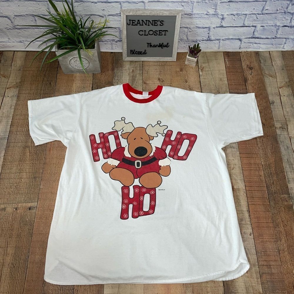 Vintage Sharellee Christmas T-Shirt Single Stitch 80s Ho Ho Ho Reindeer 2X.
